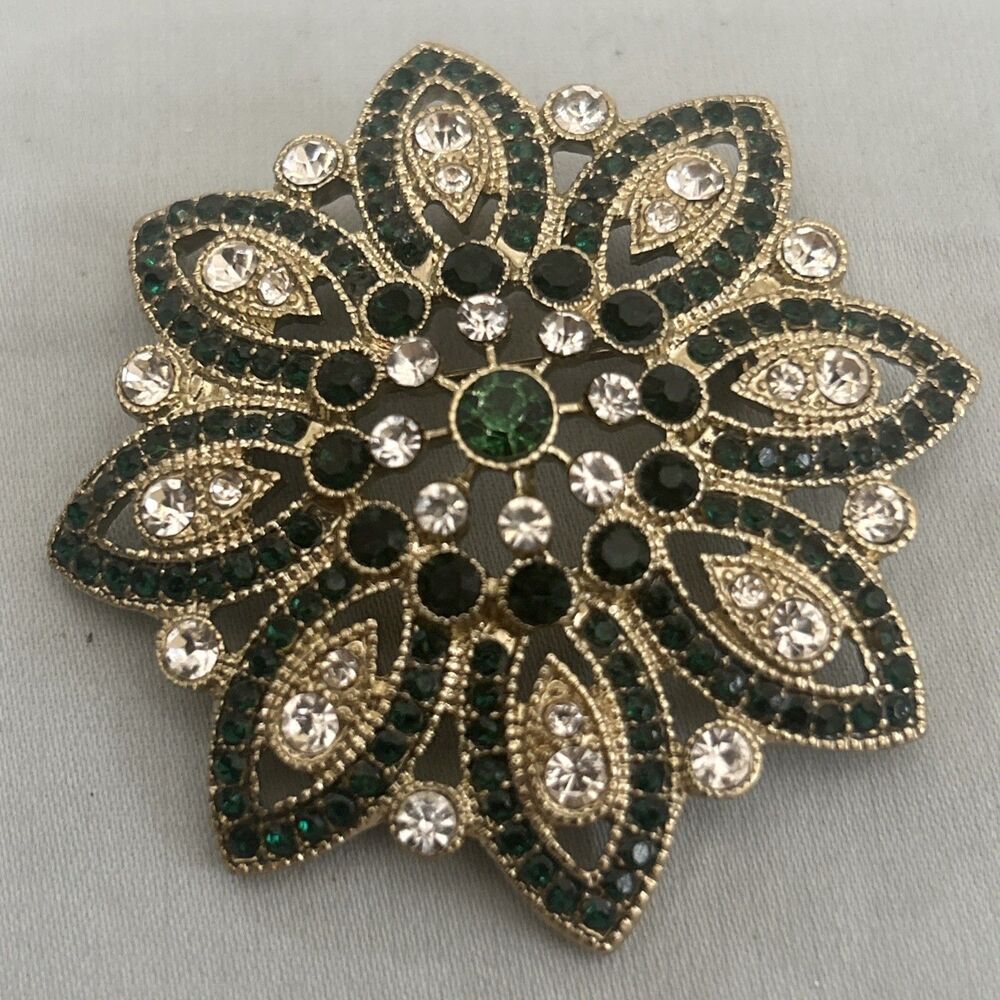 Vintage Monet GREEN & CRYSTAL RHINESTONES Brooch Pin 2.25" FLORAL MEDALLION